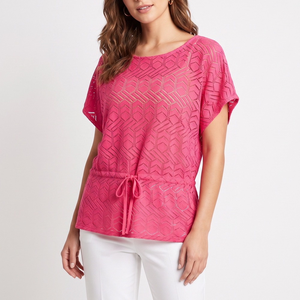 Ruby Rd Top Womens L Flamingo Pink Drawstring Geometric Knit NEW NWT